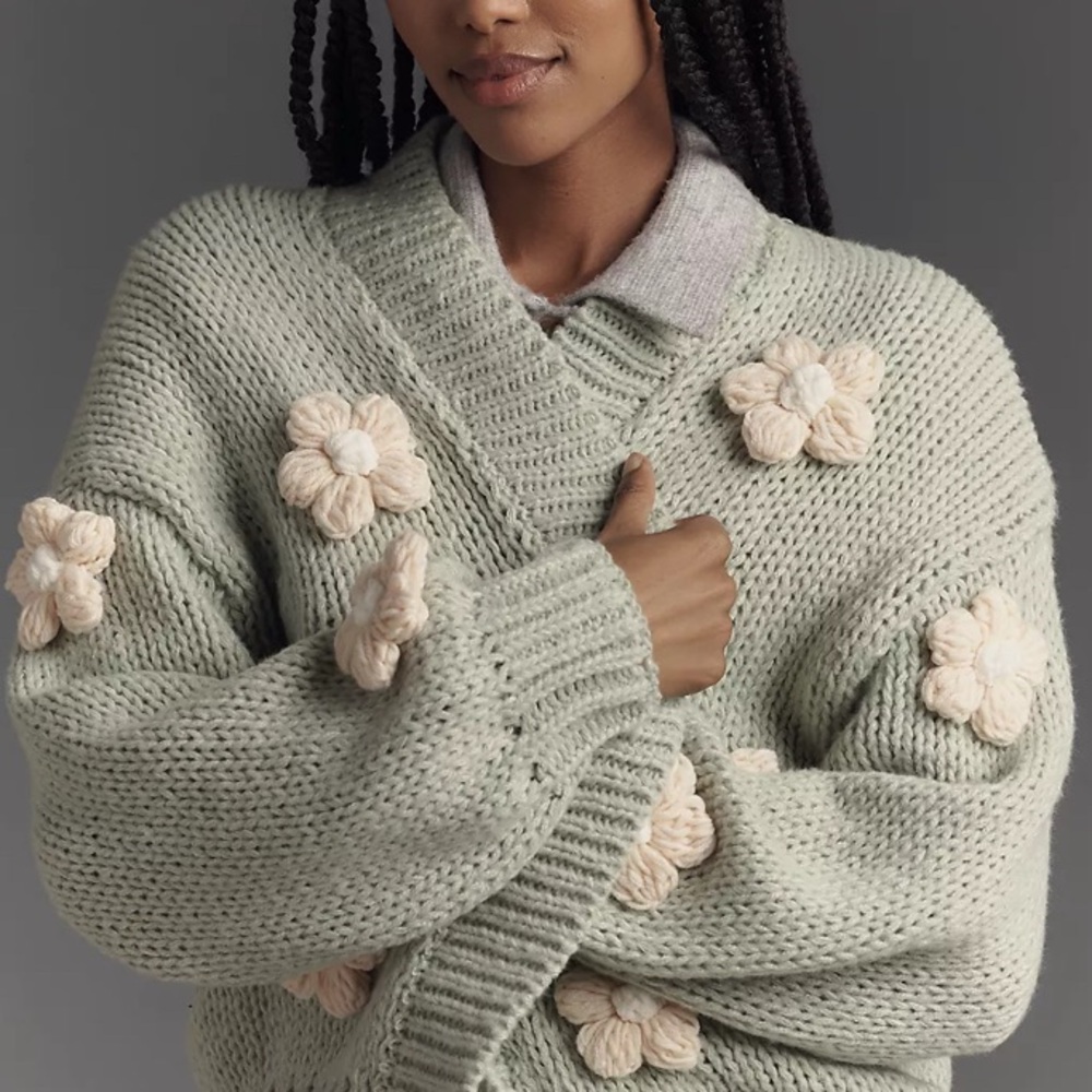 Green and Cream Chunky Knit Cardigan with 3D Appliqués